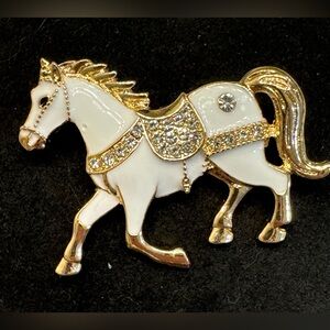 Elegant Gold and White Horse Brooch with Rhinestones. “Wear Your Story”